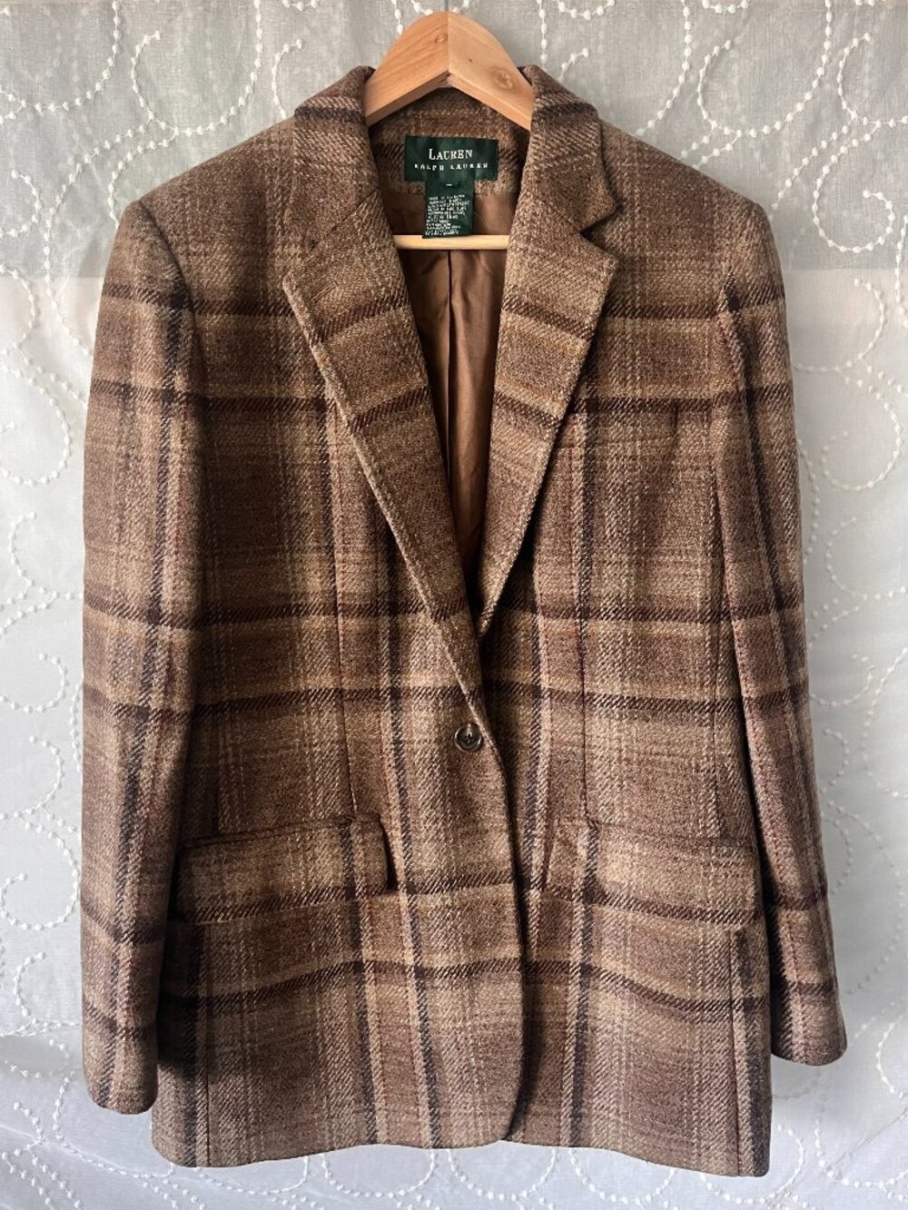Vintage Lauren Ralph Lauren Brown Plaid Wool Blazer Sz 12